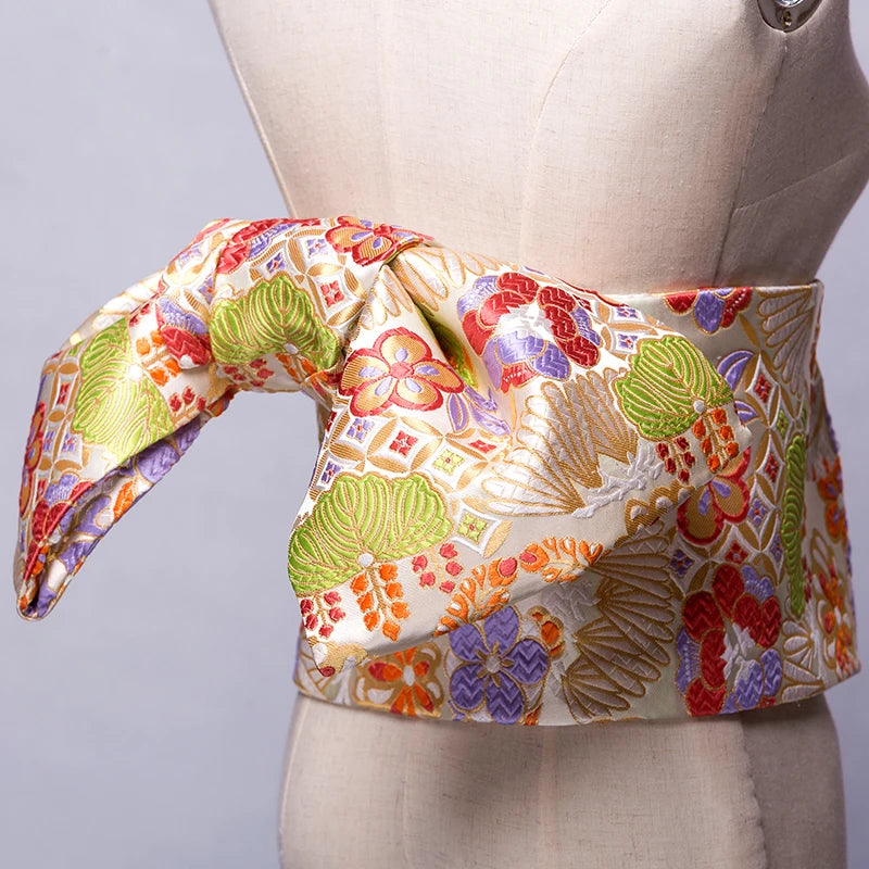 Traditional Kimono Yukata Obi Belt Gorgeous Brocade Floral Cummerbunds Bow-knot Retro Japanese Geisha Costume Props Waistband