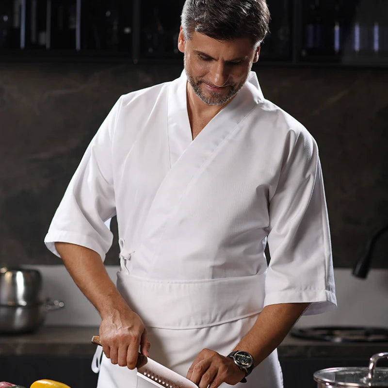 Sushi Chef Uniform | 3/4 Sleeve Kimono Jacket | White, Blue & Black