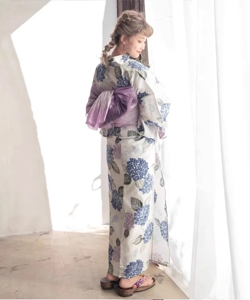 Japanese Style Yukata Bathrobe Girl's Kimono Small Pattern Embroidered Ball Flower Breathable Linen like Fabric Women's Wear
