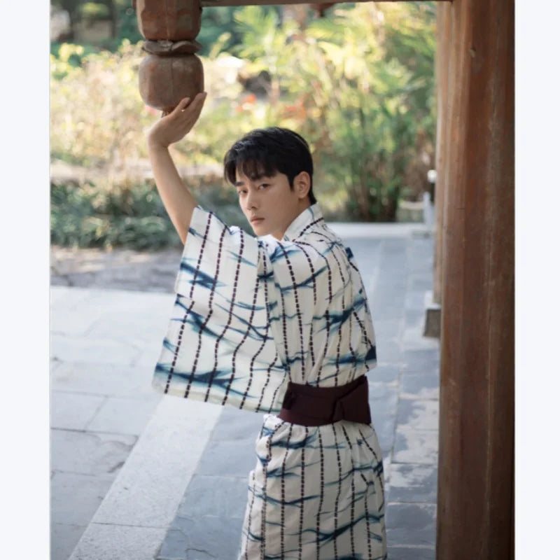 Summer Japanese Men's Traditional Kimono With Belt Yukata Robe Formal Cotton Bathrobe Home Wear Travel Photography Clothing