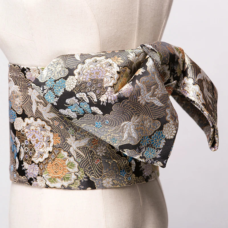 Traditional Kimono Yukata Obi Belt Gorgeous Brocade Floral Cummerbunds Bow-knot Retro Japanese Geisha Costume Props Waistband