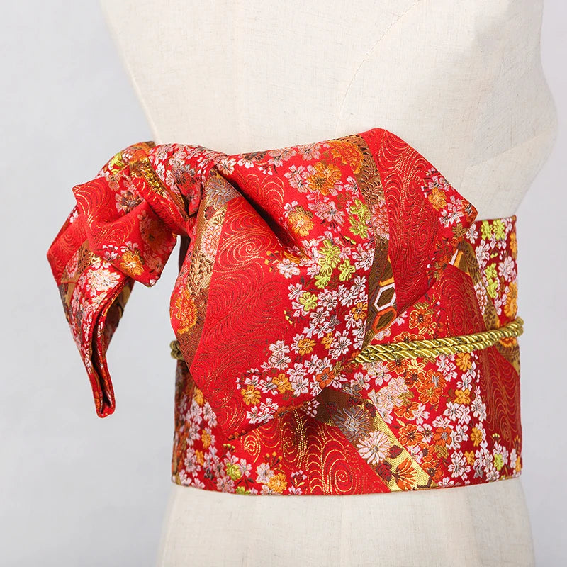 Traditional Kimono Yukata Obi Belt Gorgeous Brocade Floral Cummerbunds Bow-knot Retro Japanese Geisha Costume Props Waistband