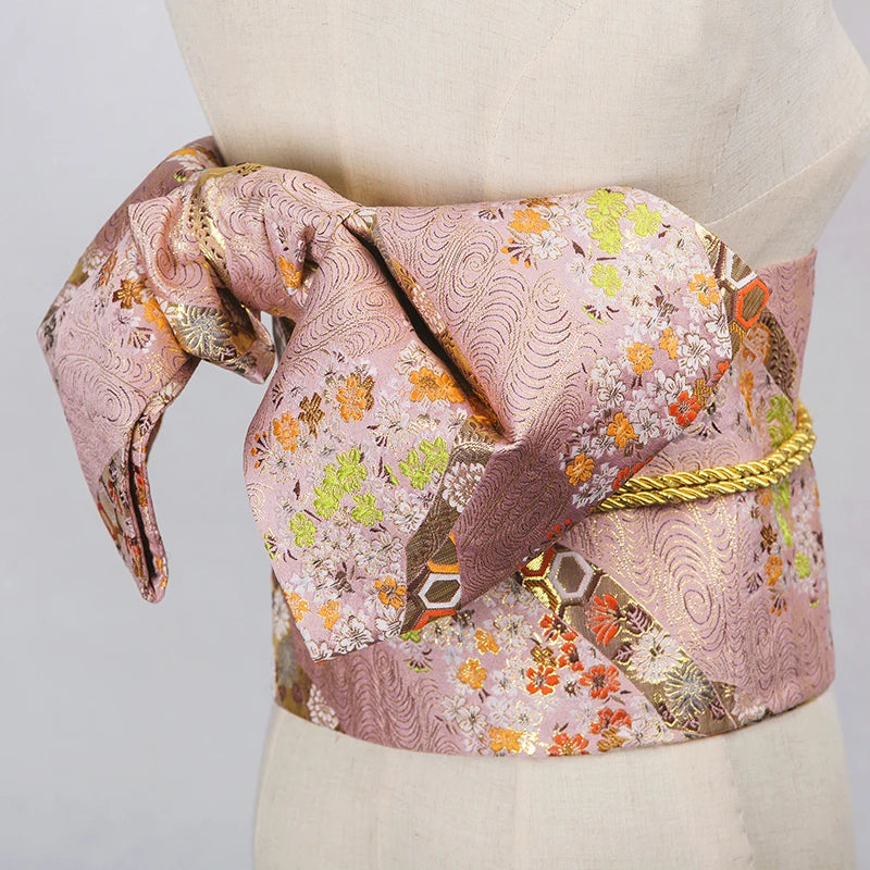 Traditional Kimono Yukata Obi Belt Gorgeous Brocade Floral Cummerbunds Bow-knot Retro Japanese Geisha Costume Props Waistband