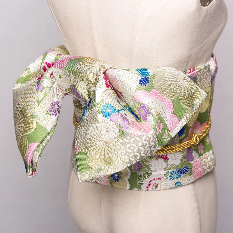 Traditional Kimono Yukata Obi Belt Gorgeous Brocade Floral Cummerbunds Bow-knot Retro Japanese Geisha Costume Props Waistband