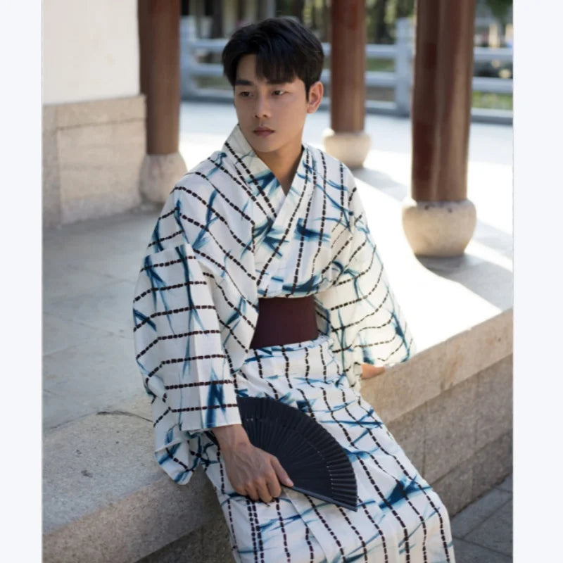 Summer Japanese Men's Traditional Kimono With Belt Yukata Robe Formal Cotton Bathrobe Home Wear Travel Photography Clothing