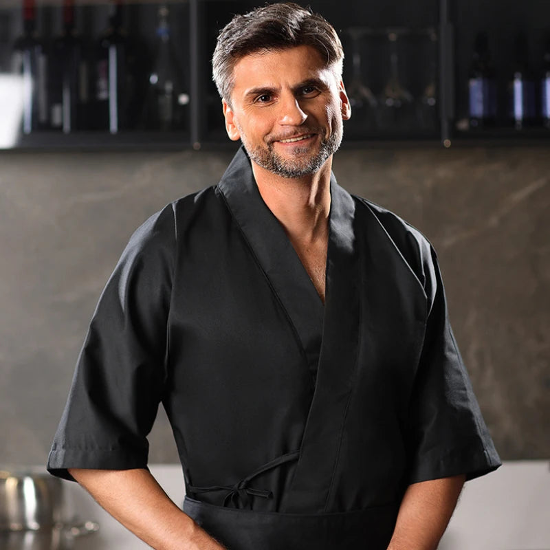Sushi Chef Uniform | 3/4 Sleeve Kimono Jacket | White, Blue & Black