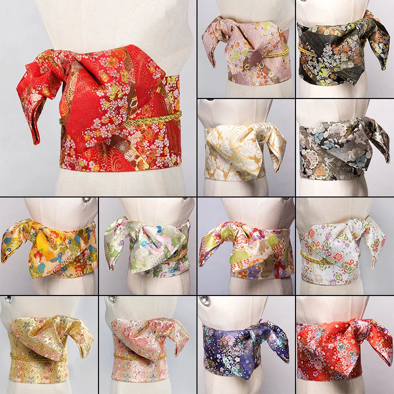 Traditional Kimono Yukata Obi Belt Gorgeous Brocade Floral Cummerbunds Bow-knot Retro Japanese Geisha Costume Props Waistband