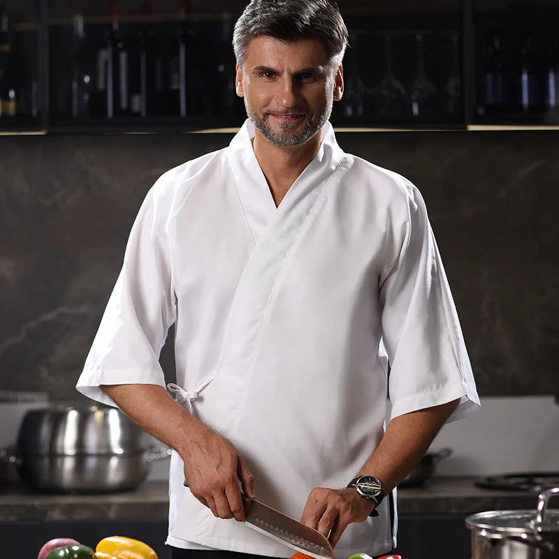 Sushi Chef Uniform | 3/4 Sleeve Kimono Jacket | White, Blue & Black
