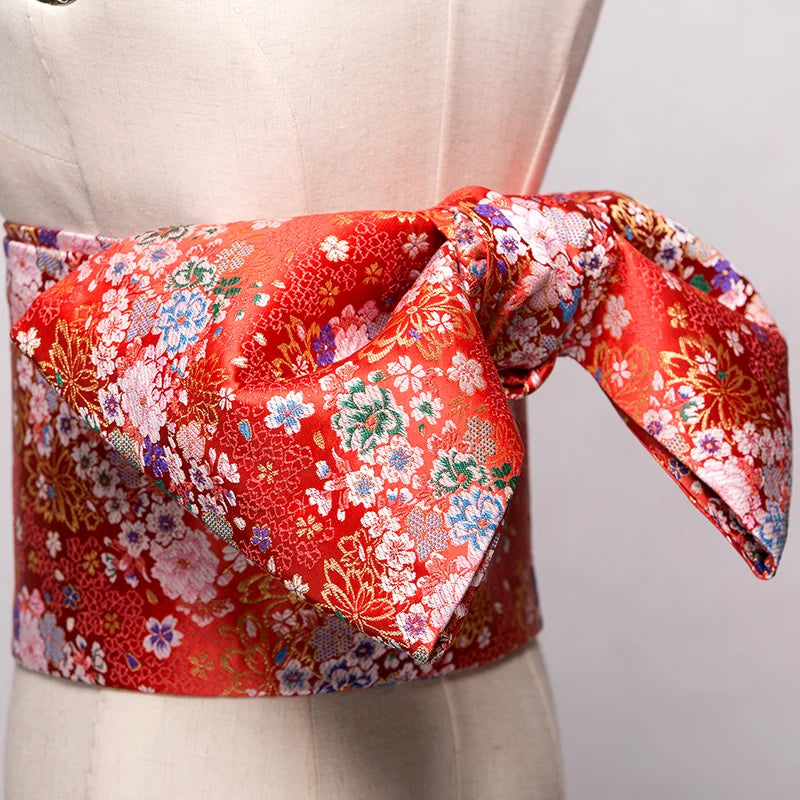Traditional Kimono Yukata Obi Belt Gorgeous Brocade Floral Cummerbunds Bow-knot Retro Japanese Geisha Costume Props Waistband