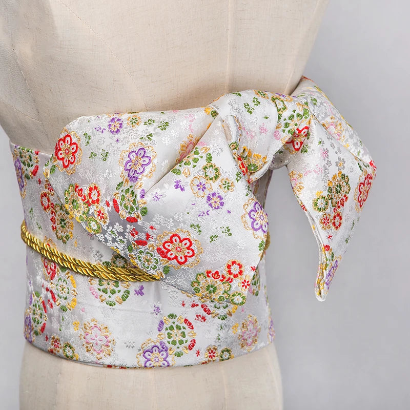 Traditional Kimono Yukata Obi Belt Gorgeous Brocade Floral Cummerbunds Bow-knot Retro Japanese Geisha Costume Props Waistband