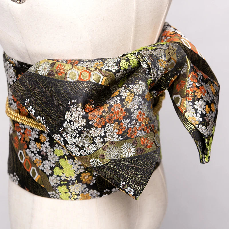 Traditional Kimono Yukata Obi Belt Gorgeous Brocade Floral Cummerbunds Bow-knot Retro Japanese Geisha Costume Props Waistband