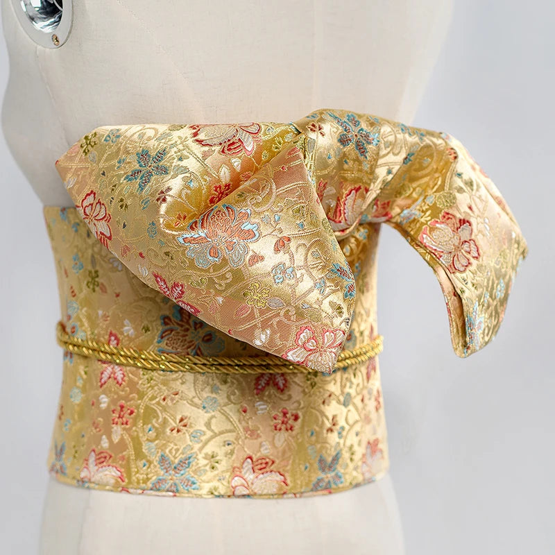 Traditional Kimono Yukata Obi Belt Gorgeous Brocade Floral Cummerbunds Bow-knot Retro Japanese Geisha Costume Props Waistband