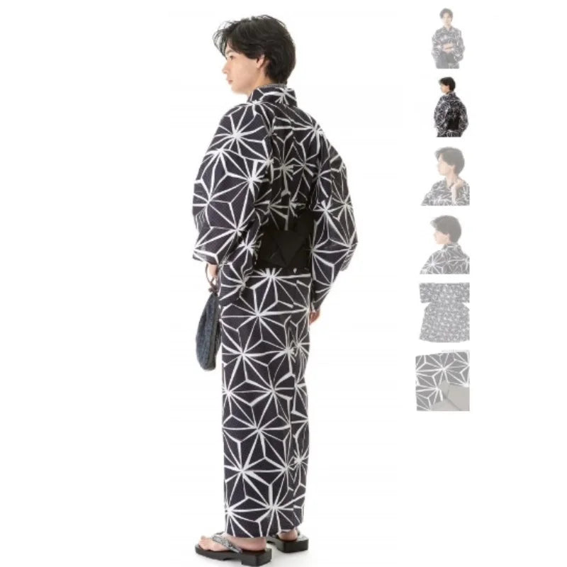 Summer Japanese Men's Traditional Kimono With Belt Yukata Robe Formal Cotton Bathrobe Home Wear Travel Photography Clothing