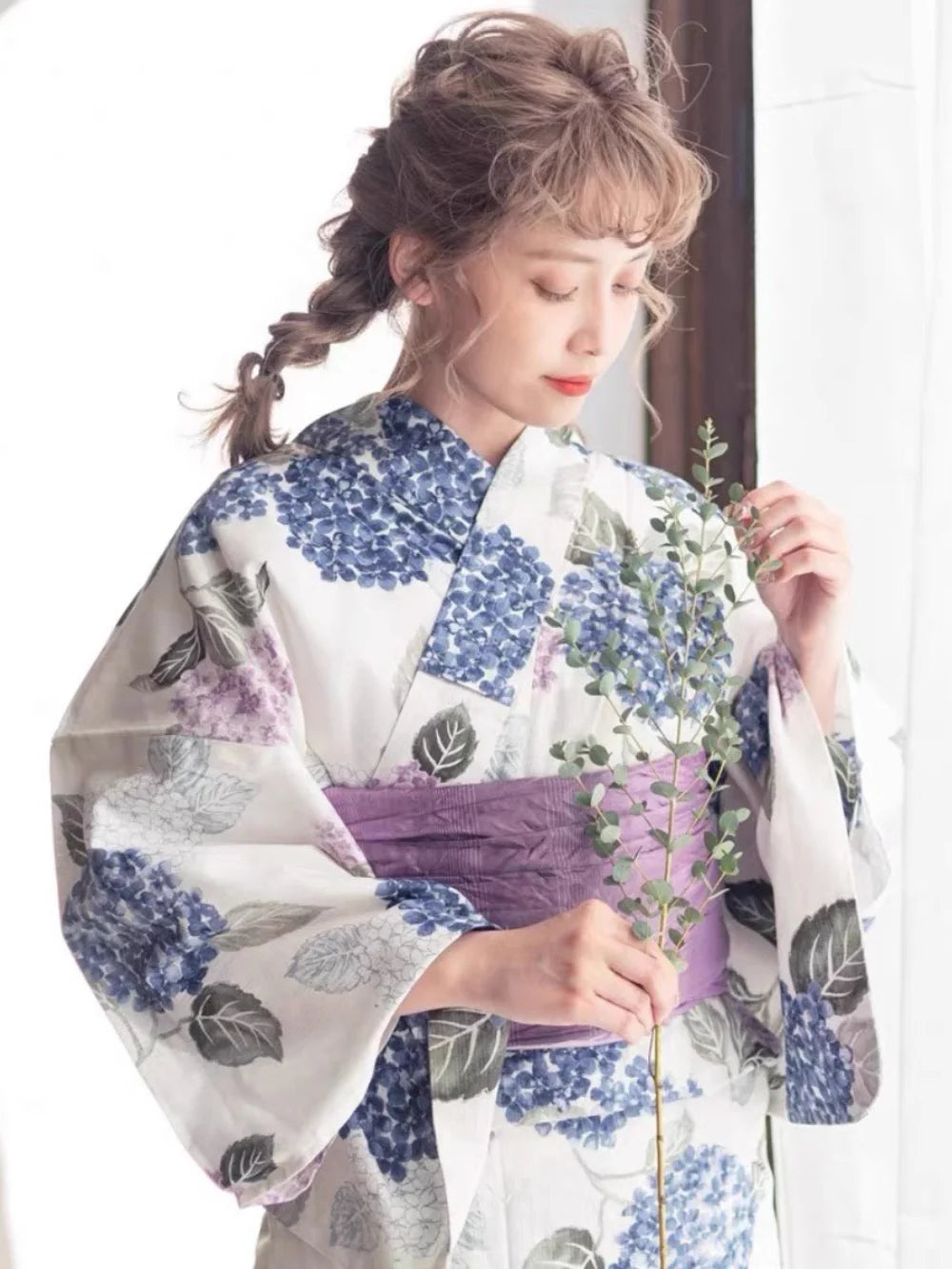Japanese Style Yukata Bathrobe Girl's Kimono Small Pattern Embroidered Ball Flower Breathable Linen like Fabric Women's Wear