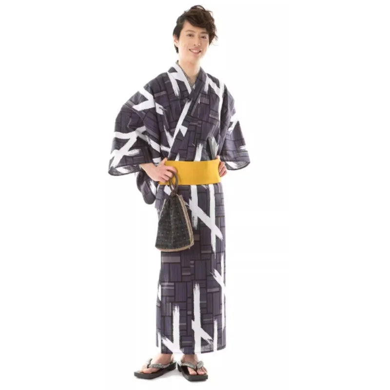 Summer Japanese Men's Traditional Kimono With Belt Yukata Robe Formal Cotton Bathrobe Home Wear Travel Photography Clothing