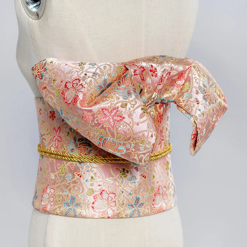 Traditional Kimono Yukata Obi Belt Gorgeous Brocade Floral Cummerbunds Bow-knot Retro Japanese Geisha Costume Props Waistband