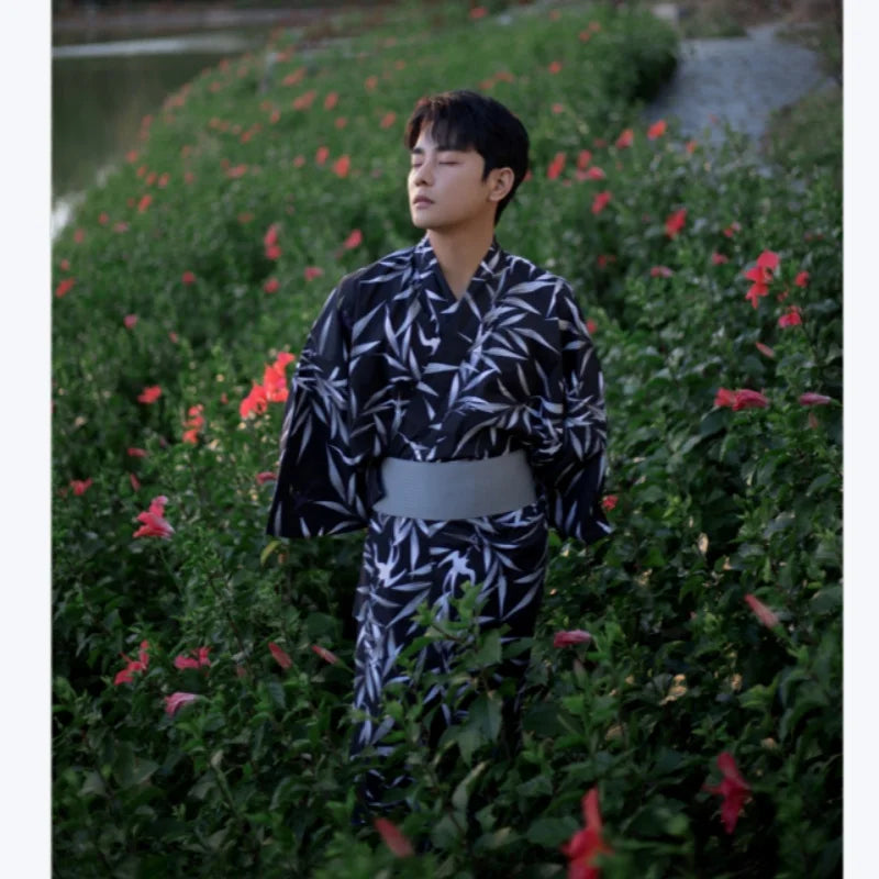 Summer Japanese Men's Traditional Kimono With Belt Yukata Robe Formal Cotton Bathrobe Home Wear Travel Photography Clothing