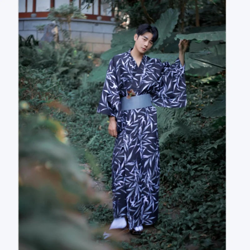 Summer Japanese Men's Traditional Kimono With Belt Yukata Robe Formal Cotton Bathrobe Home Wear Travel Photography Clothing