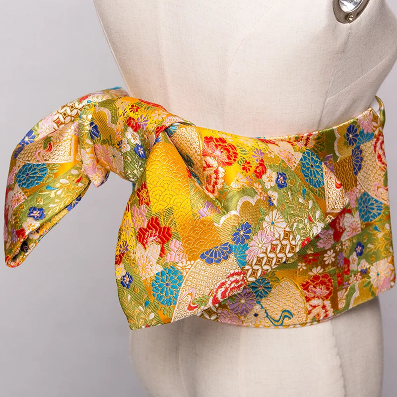 Traditional Kimono Yukata Obi Belt Gorgeous Brocade Floral Cummerbunds Bow-knot Retro Japanese Geisha Costume Props Waistband