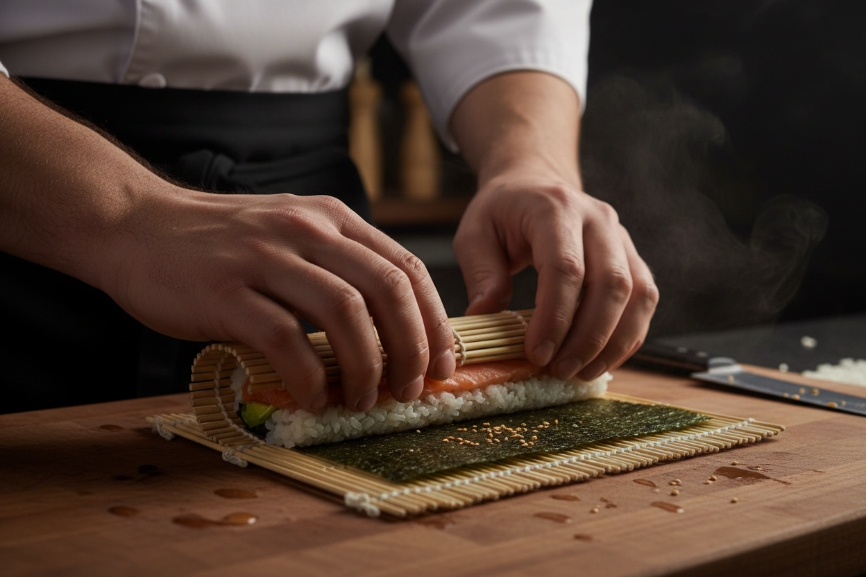 Chef rolling sushi