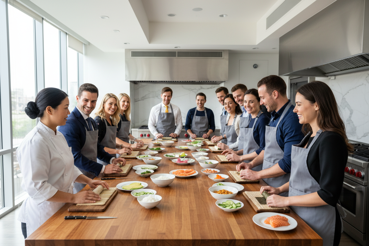 Female chef teaching a corporate sushi rolling class for a group of colleagues