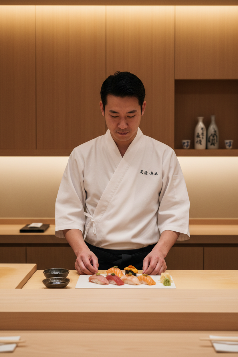 Sushi Chef in White Kimono Chef Jacket